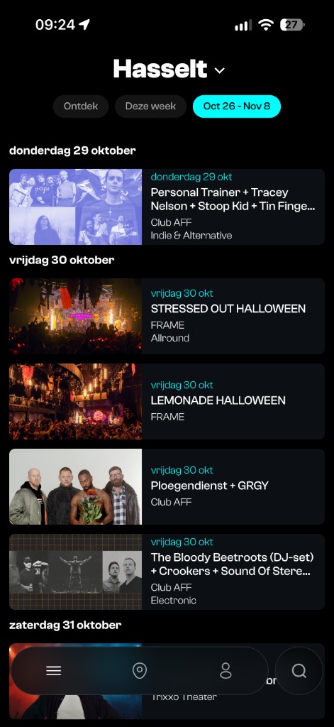 Hasselt, datumbereik van 26 oktober tot 8 november, avonden per dag.