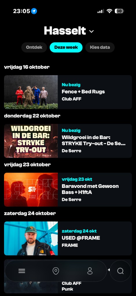 Nubi in Hasselt, tab Deze week: avonden per dag, met avonden die nu bezig zijn.
