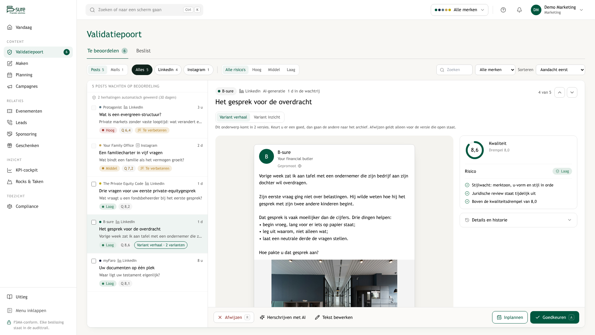 De Validatiepoort: links de wachtrij, in het midden de tekst, rechts de score en het risico. Oefengegevens.